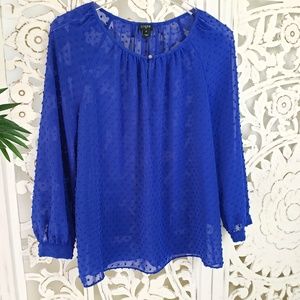 J Crew Royal Blue Dotted Keyhole Peasant Top. A59